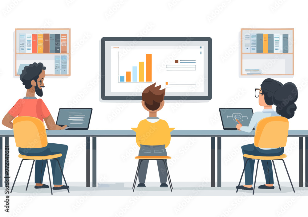 Poster business team in training session with instructor displaying graphs on screen in modern office, lear