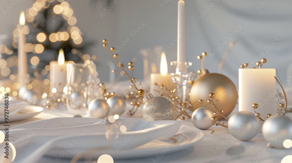 Poster a table is set with a white tablecloth and a variety of silverware