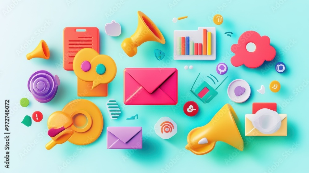 Poster colorful illustrations of communication icons and symbols arranged on a light background, highlighti