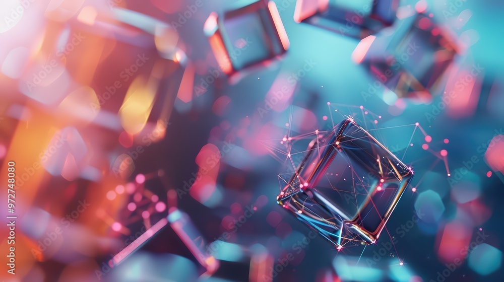 Poster abstract digital background featuring floating geometric shapes in vibrant colors, perfect for techn