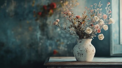A ceramic vase filled with fresh flowers, placed on a distressed console table