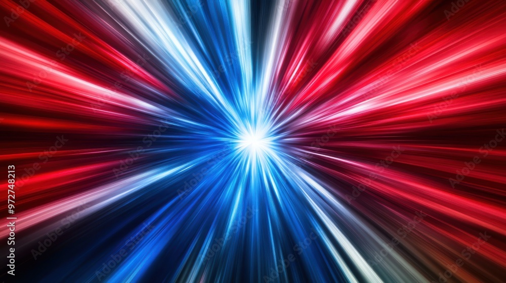 Poster vivid explosion of red and blue light radiating outward against a dark background with a bright core