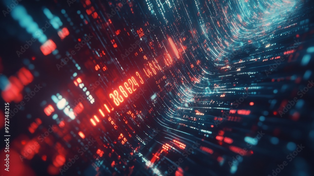Poster abstract digital data tunnel with glowing red and blue binary code streaming through in a futuristic