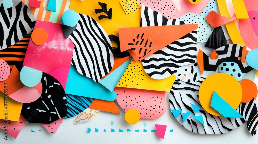 Poster colorful abstract art with geometric shapes and patterns on a white background.