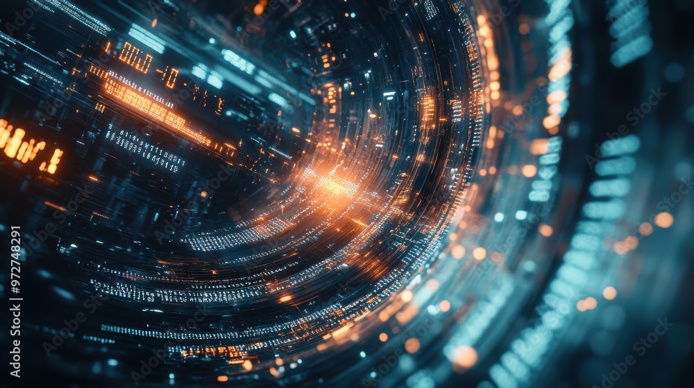 Aufkleber Abstract digital vortex with glowing particles and circuitry patterns in a futuristic environment at night