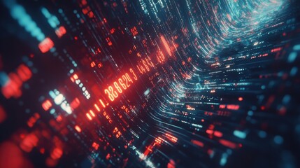Abstract digital data tunnel with glowing red and blue binary code streaming through in a futuristic environment