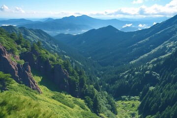 Obraz premium a breathtaking view of a mountainous landscape. The sky is blue with some clouds, and the mountains are covered with lush green trees.