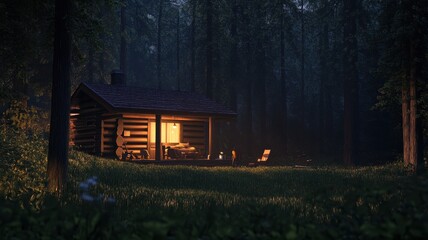 Cozy Wooden Cabin in a Forest at Night with Warm Interior Lighting and Surrounding Trees