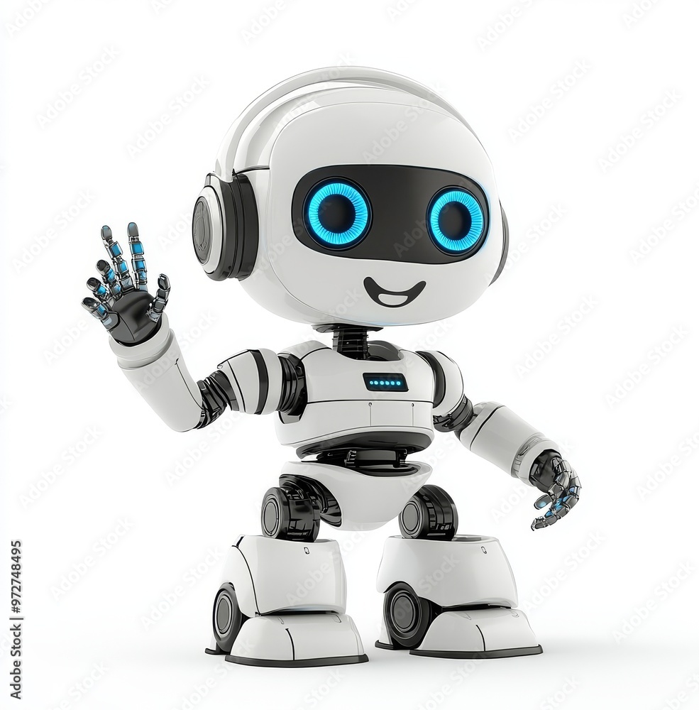 Poster headset wave hand ai chat bot. stock smart robot technology. 3d png rendering.
