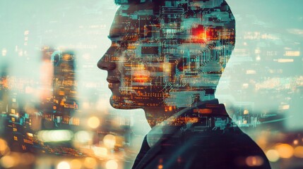 A businessman stands in profile against a city skyline, surrounded by vibrant digital overlays of technology and data at twilight