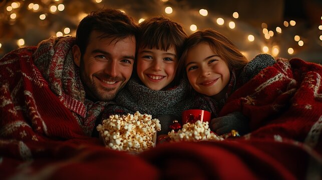 Family enjoying a Christmas movie marathon, snuggled together under blankets with popcorn and holiday snacks. 4K hyperrealistic photo.