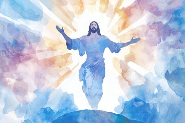 religious watercolor illustration of the Resurrection, Jesus emerging from the tomb