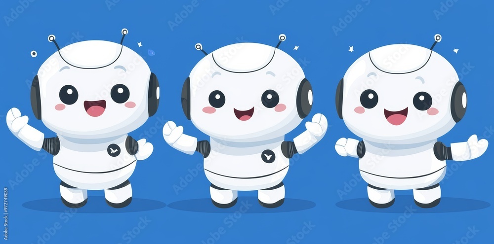 Poster this is a set of cute robot ai characters with a chat bot neural network, ai servers, and robots tec