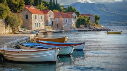 Charming coastal village with colorful boats docked under a vibrant sky in a tranquil bay during early morning light