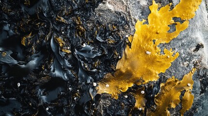 Obraz premium Colorful seaweed in tidal pool along rocky shore during low tide at sunrise on a coastal landscape