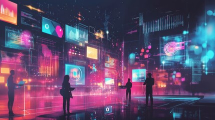 Fototapeta premium Digital innovation hub showcasing advanced data visualization techniques in a futuristic environment