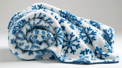 A blue and white blanket with snowflakes on it