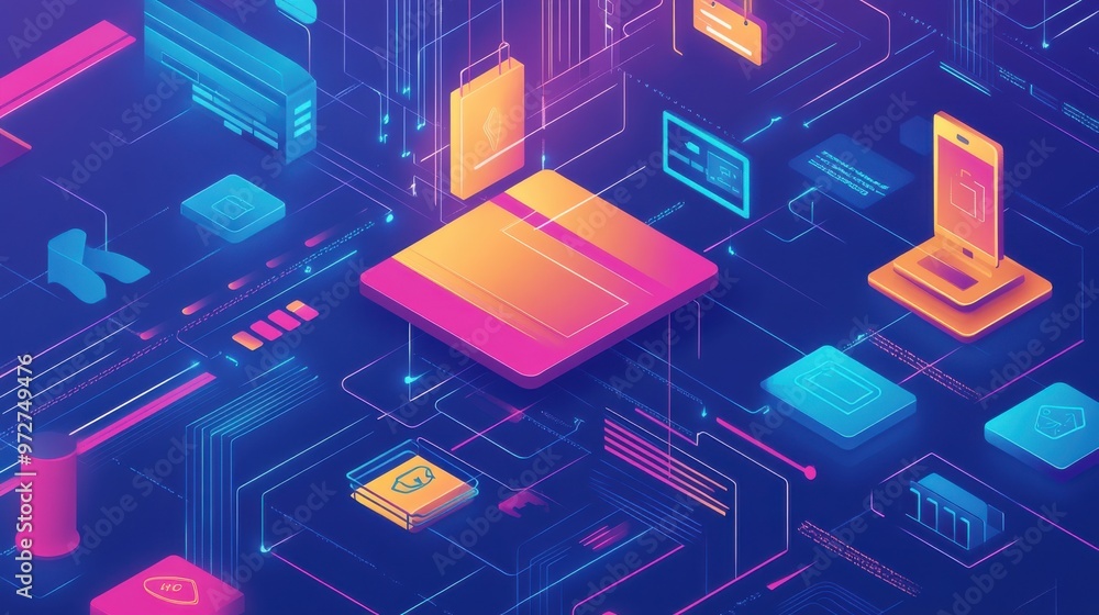 Poster futuristic technology landscape with vibrant digital icons representing data and connectivity in a v
