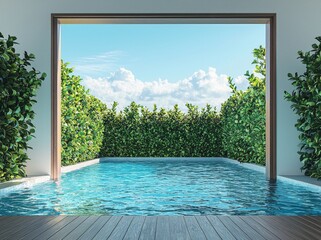 The room has wood flooring, white walls, and wooden folding doors that open to view the pool terrace and nature.