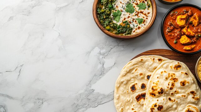 Flatbread, green curry, and paneer curry with copy space on marble background.