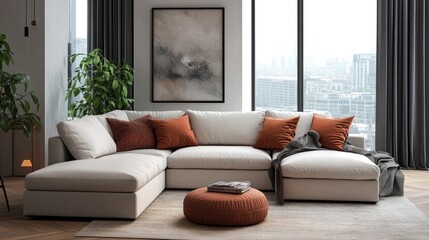 A compact corner sectional sofa with soft cushions and a storage ottoman, making the most of a small living room