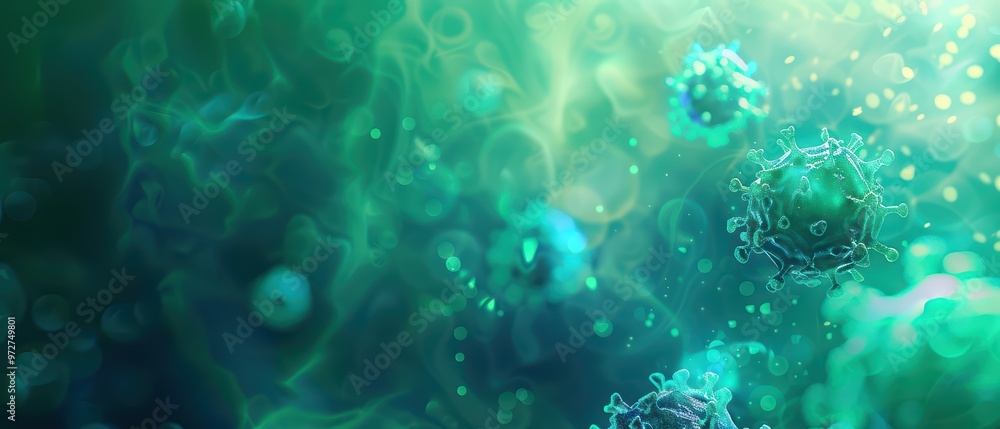 Poster an abstract visualization of microorganisms in vibrant colors, showcasing the intricate details of c