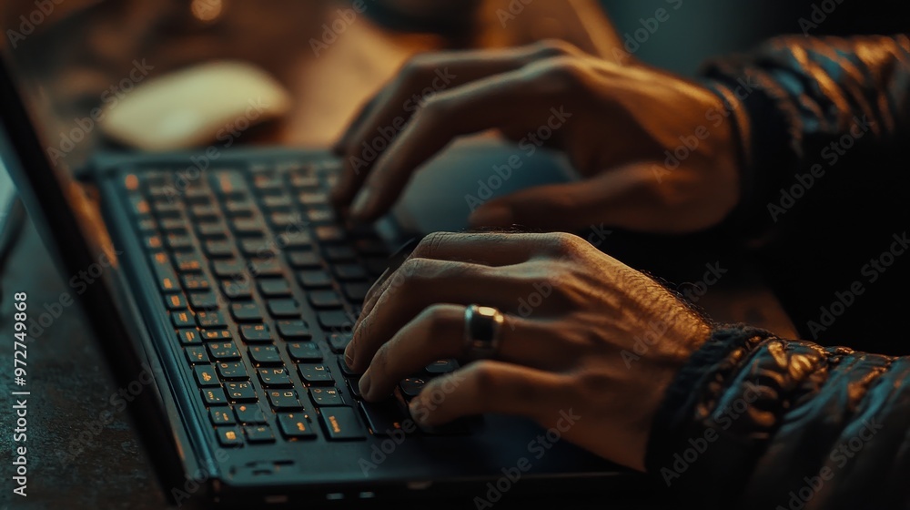 Aufkleber Hands typing on a laptop keyboard in a dimly lit workspace at night, focused on completing a task or project