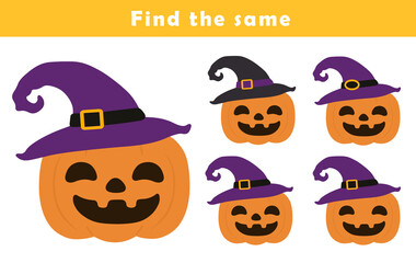 Find same picture worksheet for kids. Worksheet for kids kindergarten, preschool and school age. Education game for children with cute halloween pumpkin illustration.	