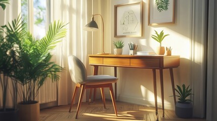Fototapeta premium A compact, mid-century inspired desk with tapered legs, positioned in a bright home office