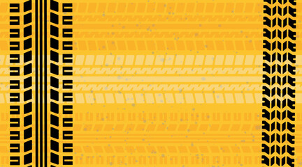 Grunge car tire marks on yellow background, template for business card with copy space. Vector illustration. © nosyrevy