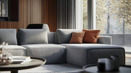 A compact modular sofa with soft grey fabric, designed to fit snugly into a cozy living room with neutral tones and minimal decor