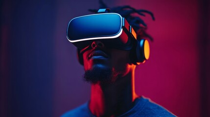 A person experiences virtual reality in a vibrant room illuminated by colorful lights