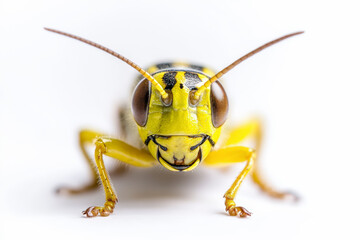 Close-up of a yellow and black wasp with large eyes and antennae, isolated on a white background.