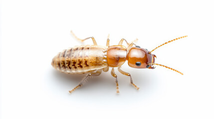Close-up of a termite with detailed features, showcasing its segmented body, antennae, and legs against a white background.