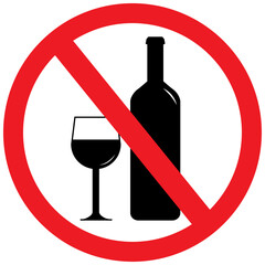 No alcohol sign with half filled glass. Flat style prohibition symbol, red circle shaped illustration. No alcoholic beverages or liquor consumption prohibition icon isolated.