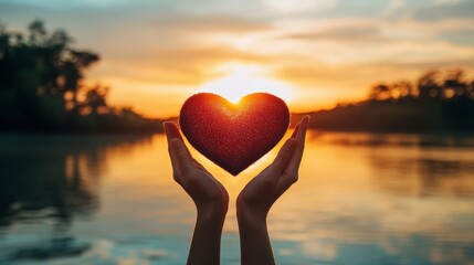 Fototapeta premium A person holds a heart-shaped object against the backdrop of a sunset over a calm lake
