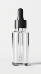 A clear bottle with a black cap