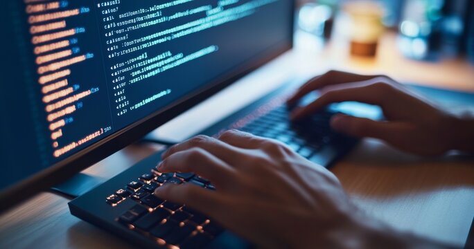 A user coding on a computer with programming scripts visible on the screen during evening hours in a dimly lit room