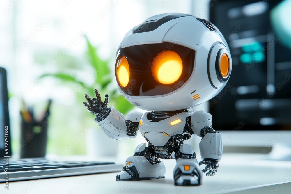 Poster robot waves his hand, hello technology of tomorrow. a friendly android with ai computer is communica