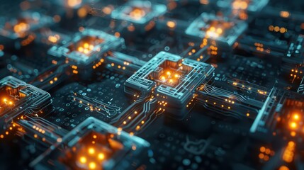 Fototapeta premium Close-up view of a futuristic circuit board with glowing elements and intricate designs, symbolizing technology and innovation.
