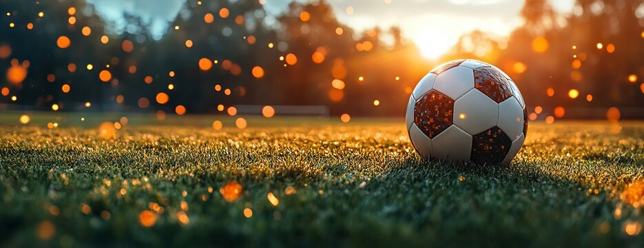 Soccer Ball on Grass with Lights and Background Soccer Balls - Digital Illustration for Football Championship Concept. AI generated illustration