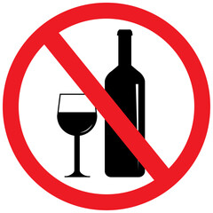 No alcohol sign, no alcoholic beverages or liquor consumption prohibition icon with half filled glass. Flat style prohibition symbol, red circle shaped illustration isolated background.
