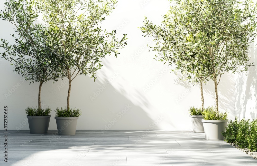 Poster sunlight and white color modern architecture design with large window, olive trees, table and pots. 