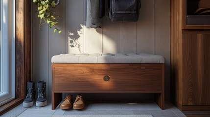 A compact, upholstered storage bench, providing seating and hidden storage in a mudroom