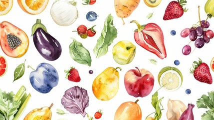 Colorful assortment of fresh fruits and vegetables in a vibrant watercolor style, perfect for food-related projects.