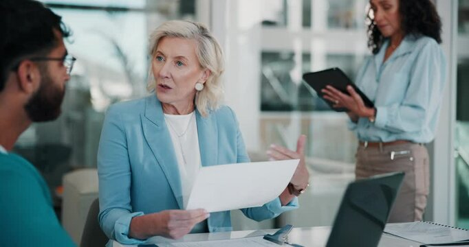 Documents, healthcare and technology with people in boardroom of hospital for meeting, planning or research. Doctors, medical and nurses as medicine group in clinic for training with specialist