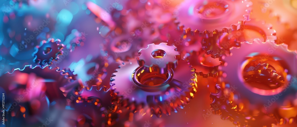 Poster colorful gears interlocking in a dynamic composition, symbolizing innovation and technology in engin