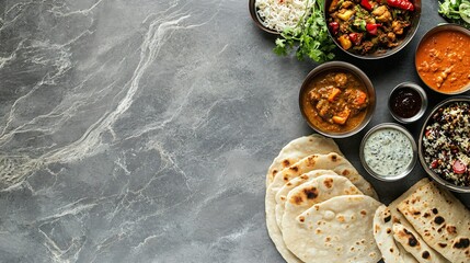 Flatlay of various Indian dishes with naan bread.