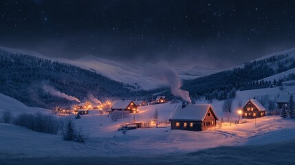 Snowy countryside with distant farmhouses glowing in the night, with smoke curling from chimneys under a starry sky. 4K hyperrealistic photo.