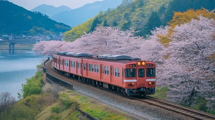 Obraz premium Japan train in Yamakita Town, Kanagawa prefecture, under a sea of sakura cherry blossoms 